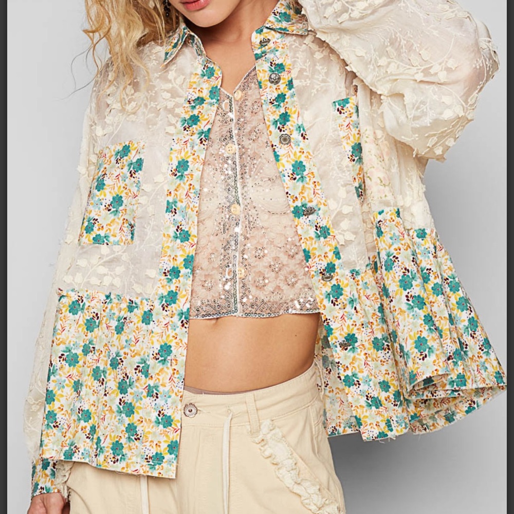 POL Floral Lace Patchwork Button-Up Jacket